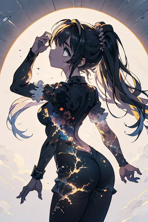 a woman in a black dress standing in front of a full moon