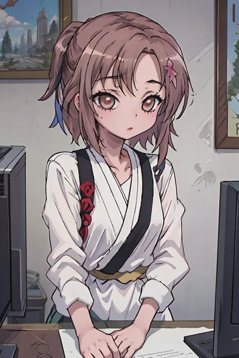 anime girl sitting at a desk with a computer and a book