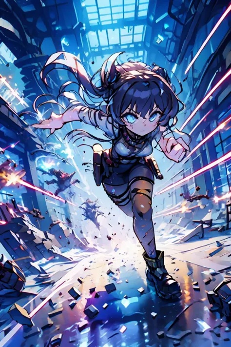 a girl running through a city with a bunch of lights