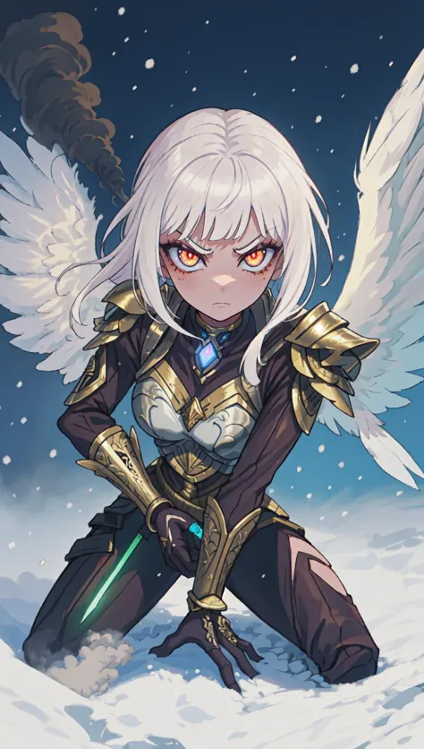 a close up of a person with a sword and wings