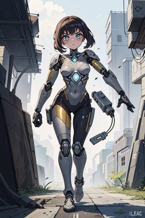 a woman in a futuristic suit walking down a street