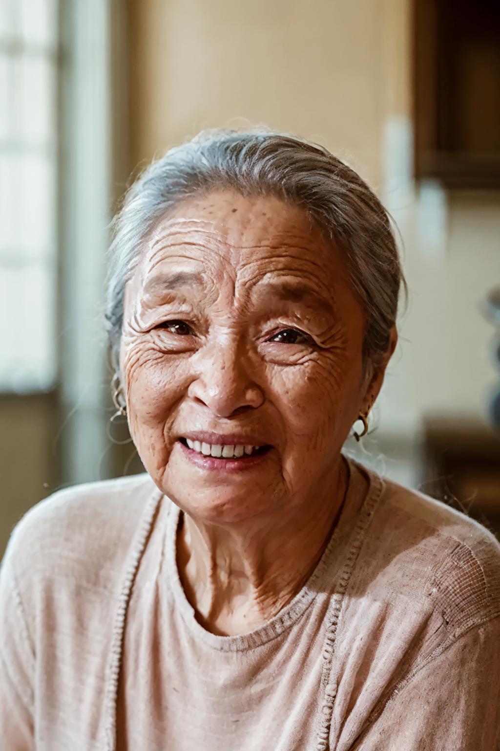 Smiling elderly woman with a white hair and a necklace on - SeaArt AI