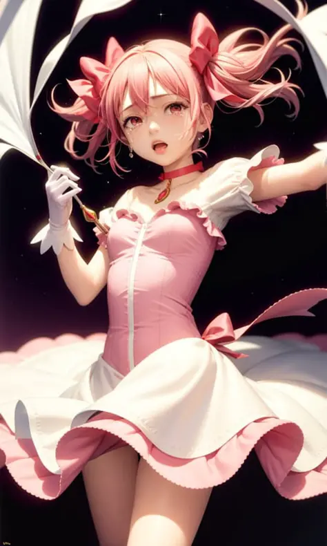 masterpiece, best quality,1girl, kaname madoka, solo, pink hair, twintails, tears, pink eyes, gloves, magical girl, outstretched arms, choker,(kbxll:0.6)