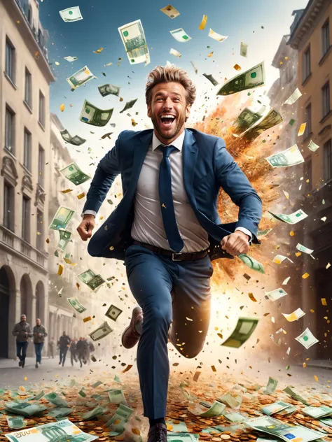 (euro-bills:1.4), (city:1.4),  laughing man running through money explosion, <lora:Confetti_Explosion_SDXL:0.6>  <lora:great_lig...