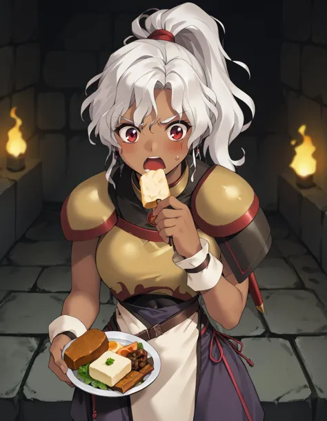 anime girl with white hair holding a plate of food in front of her face