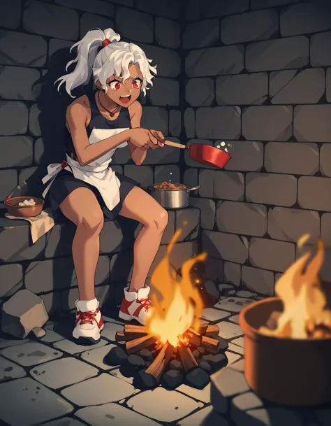 score_9,  score_8_up, score_7_up <lora:rita-ponyxl-000025:1> wwrita, red eyes, white hair, ponytail, dark-skinned female, streetwear,
boiling, brick wall, bubble, campfire, cooking, dungeon, excited, open mouth