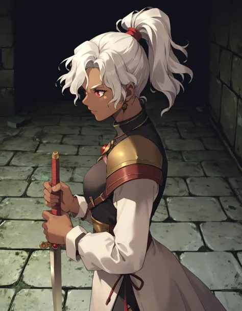 score_9,  score_8_up, score_7_up <lora:rita-ponyxl-000025:1> wwrita, red eyes, white hair, ponytail, dark-skinned female, fashion,
dungeon, from side, holding sword, solo, stone floor, stone walkway, unsheathed, upper body