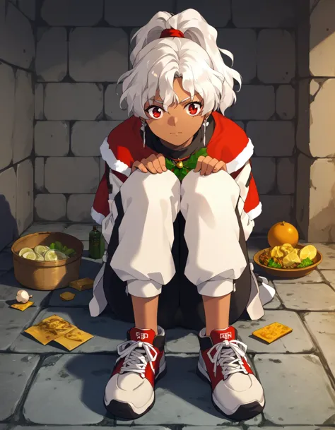 anime character sitting on a stone floor with a bowl of food