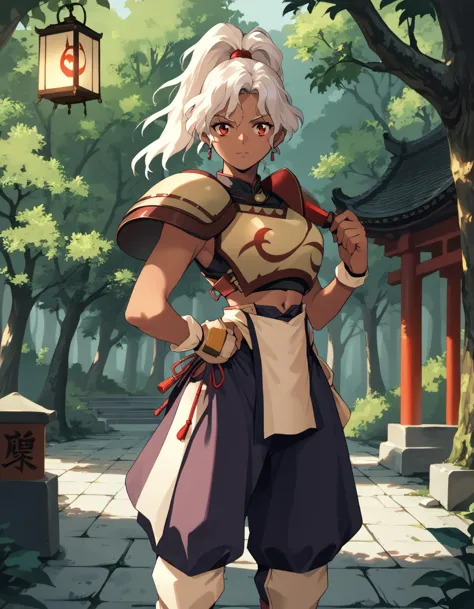 score_9,  score_8_up, score_7_up <lora:rita-ponyxl-000025:1> wwrita, red eyes, white hair, ponytail, dark-skinned female, shoulder armor, breastplate, navel, purple skirt,
1girl, architecture, east asian architecture, forest, lantern, nature, outdoors, solo, tree