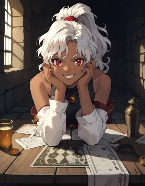 anime girl with white hair and red eyes sitting at a table