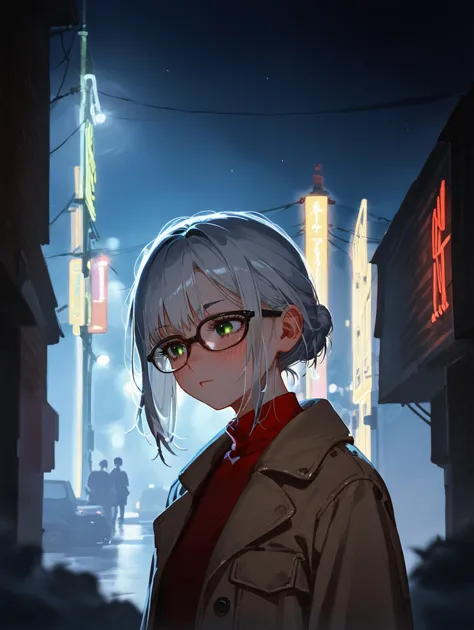 anime girl with glasses and a red scarf standing in a city at night