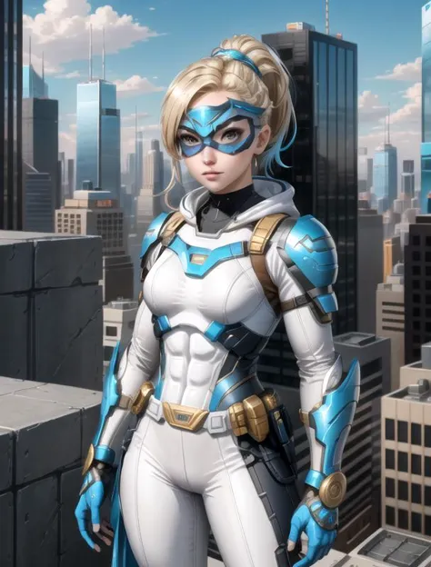 woman, (light-blue DominoMask:1.2), blonde, ponytail, brown eyes, (light-blue and white armor pieces:1.1), gold accents to armor, armor pants, bracers, gloves, utility belt with large pouches, hood, chest armor, nano tech armor, flat chest, small breasts, muscular, (detailed eyes:1.2),perfect eyes, standing on skyscrapers roof top, skyscrapers, high detailed, high res, high quality, comic style, (detailed face:1.1), <lora:SN DominoMask:1>  <lora:nijiarmor_v2:0.2>