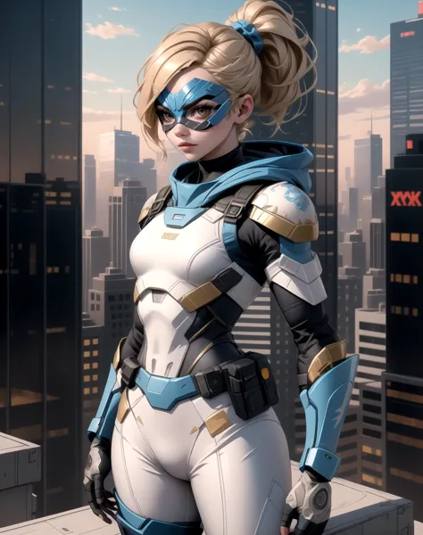 woman, (blue DominoMask:1.2), blonde ponytail, brown eyes, (light-blue and white armor pieces:1.2), gold accents to armor, armor...