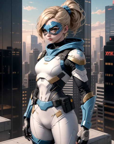 woman, (blue DominoMask:1.2), blonde ponytail, brown eyes, (light-blue and white armor pieces:1.2), gold accents to armor, armor pants, bracers, gloves, utility belt with large pouches, hood, chest armor, nano tech armor, flat chest, small breasts, muscular, (sharp eyes:1.2),perfect eyes, standing on skyscrapers roof top, skyscrapers, superhero, (masterpiece:1.2) (best quality:1.2) (detailed) (intricate) (8k) (HDR) (cinematic lighting) (sharp focus), <lora:SN DominoMask:1.2> <lora:nijiarmor_v2:0.3> matching outfit colors,