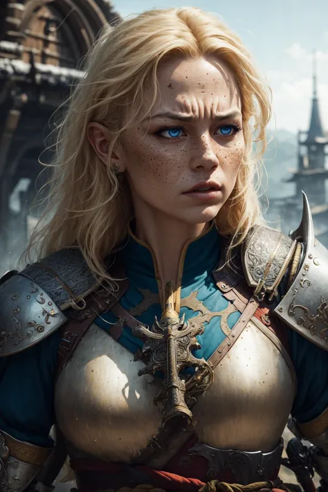 photorealistic, 35mm, intricate details, hdr, intricate details, hyperdetailed, natural skin texture, hyperrealism, sharp,
1 girl, adult (elven:0.7) woman, freckles, blue eyes, yellow hair flaps,
portrait, solo, (full body:0.6), looking up, detailed background, detailed face, (high fantasy medieval theme:1.1), shogun, white samurai armor,  dynamic pose, angry, samurai crest,  battlefield in background, wind, cinematic atmosphere,
<lora:marker:0.2>,