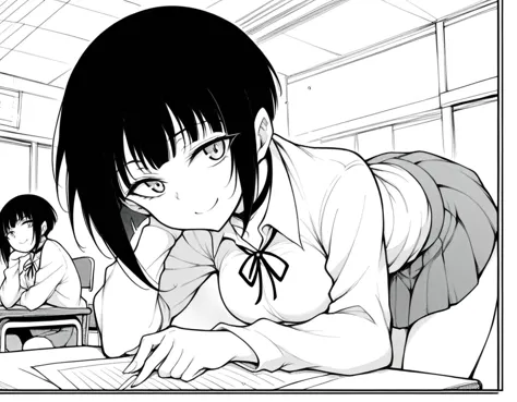 anime girl in school uniform leaning over a desk with a laptop