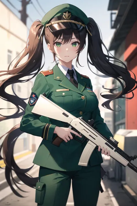 1girl, military uniform, pants, solider, green eyes, long sleeves, twintails, long hair, standing, holding gun, outdoors, street...