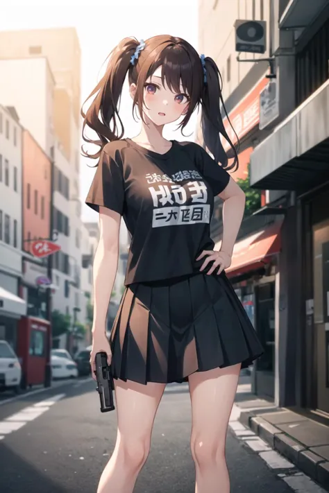 1girl, casual clothes, pleated skirt, t-shirt, twintails, long hair, short sleeves, standing, holding gun, outdoors, handgun