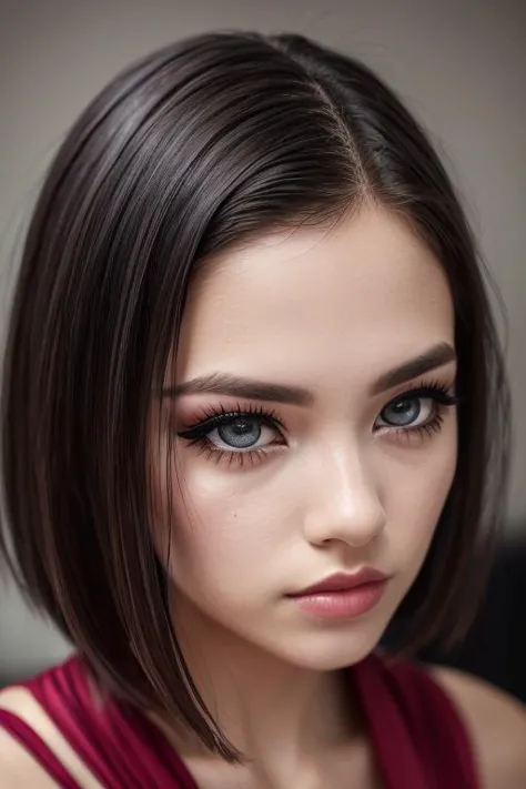 beautiful girl, (([Black hair], [short hair], [gown])),  realistic, charming, colorful makeup, long eyelashes, pale skin, (cute)...