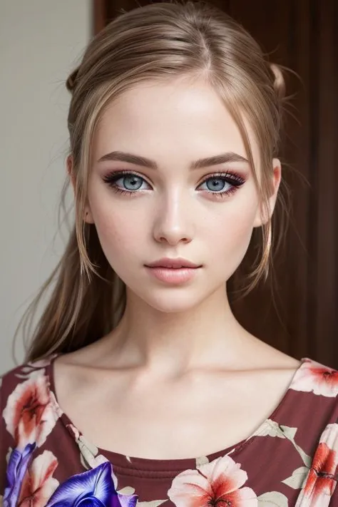 beautiful girl, (([Chestnut hair], [ponytail], [muumuu])),  realistic, charming, colorful makeup, long eyelashes, pale skin, (cu...