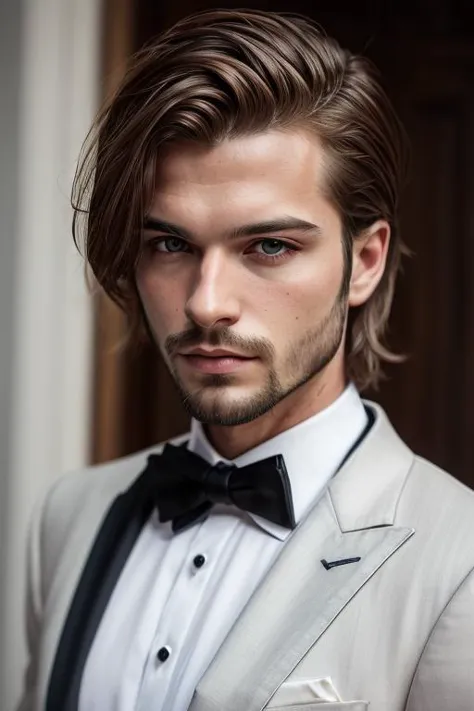 a man in a suit and bow tie posing for a picture