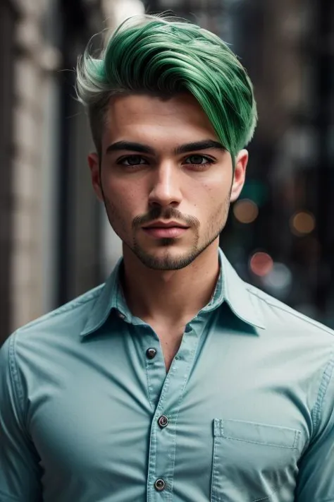 male, man, (([Green hair], [Faux hawk], [Dressy button-up shirt])),  realistic, (detailed face, detailed eyes, detailed skin), R...