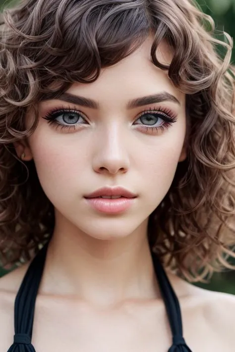 beautiful girl, (([Brown hair], [curly hair], [halter])),  realistic, charming, colorful makeup, long eyelashes, pale skin, (cut...