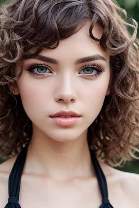 beautiful girl, (([Brown hair], [curly hair], [halter])),  realistic, charming, colorful makeup, long eyelashes, pale skin, (cute), (detailed face, detailed eyes, detailed iris, detailed skin), RAW, analog, sharp focus, 8k, HD, DSLR, high quality, Fujifilm XT3, film grain, award winning, masterpiece, best quality, highly detailed,,  <lora:add_detail:0.2> <lora:more_details:0.2> <lora:epiNoiseoffset_v2Pynoise:1>