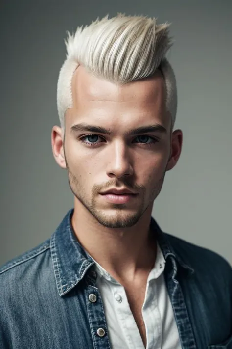 male, man, (([Ash blonde hair], [Mohawk], [Dressy button-up shirt])),  realistic, (detailed face, detailed eyes, detailed skin), RAW, analog, sharp focus, 8k, HD, DSLR, high quality, Fujifilm XT3, film grain, award winning, masterpiece, best quality, highly detailed,,  