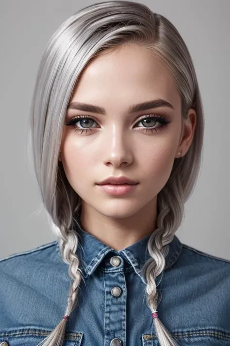 beautiful girl, (([Silver hair], [box braids], [denim dress])),  realistic, charming, colorful makeup, long eyelashes, pale skin...