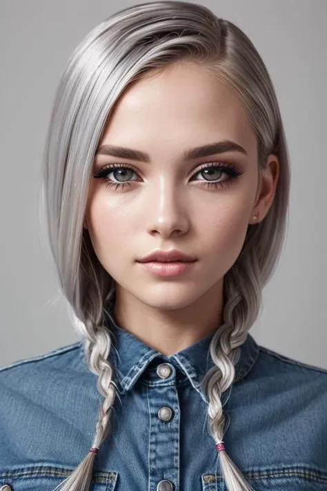 beautiful girl, (([Silver hair], [box braids], [denim dress])),  realistic, charming, colorful makeup, long eyelashes, pale skin, (cute), (detailed face, detailed eyes, detailed iris, detailed skin), RAW, analog, sharp focus, 8k, HD, DSLR, high quality, Fujifilm XT3, film grain, award winning, masterpiece, best quality, highly detailed,,  <lora:add_detail:0.2> <lora:more_details:0.2> <lora:epiNoiseoffset_v2Pynoise:1>