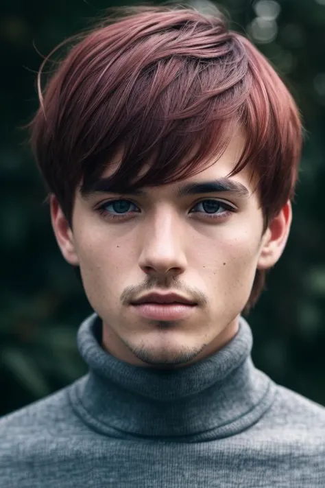 a close up of a person with a red hair and a turtle neck