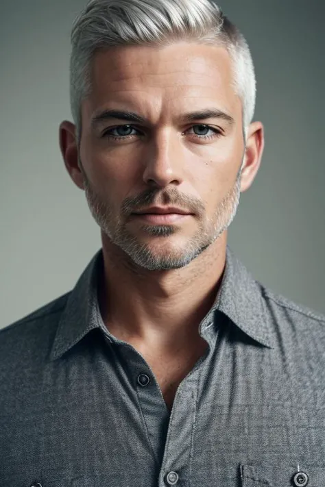 male, man, (([Silver hair], [Crew cut], [Dressy button-up shirt])),  realistic, (detailed face, detailed eyes, detailed skin), R...