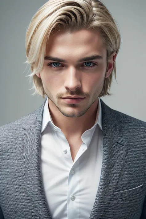 male, man, (([Blonde hair], [Side-swept fringe], [Suit jacket])),  realistic, (detailed face, detailed eyes, detailed skin), RAW...