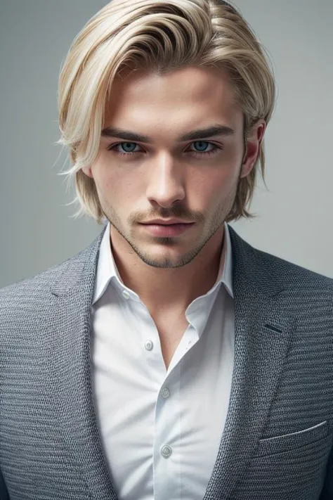 male, man, (([Blonde hair], [Side-swept fringe], [Suit jacket])),  realistic, (detailed face, detailed eyes, detailed skin), RAW, analog, sharp focus, 8k, HD, DSLR, high quality, Fujifilm XT3, film grain, award winning, masterpiece, best quality, highly detailed,,  <lora:add_detail:0.2> <lora:more_details:0.2> <lora:epiNoiseoffset_v2Pynoise:1>