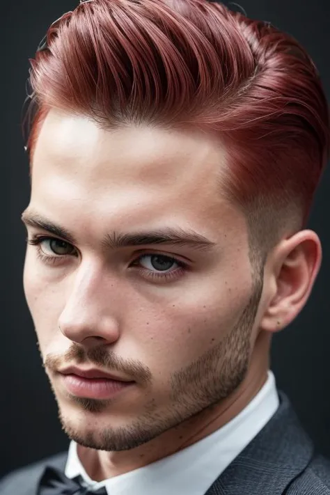 male, man, (([Red hair], [Pompadour], [Blazer])),  realistic, (detailed face, detailed eyes, detailed skin), RAW, analog, sharp ...