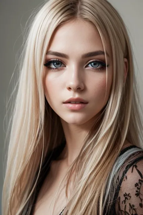 beautiful girl, (([Dirty blonde hair], [shaggy hair], [taut dress])),  realistic, charming, colorful makeup, long eyelashes, pal...