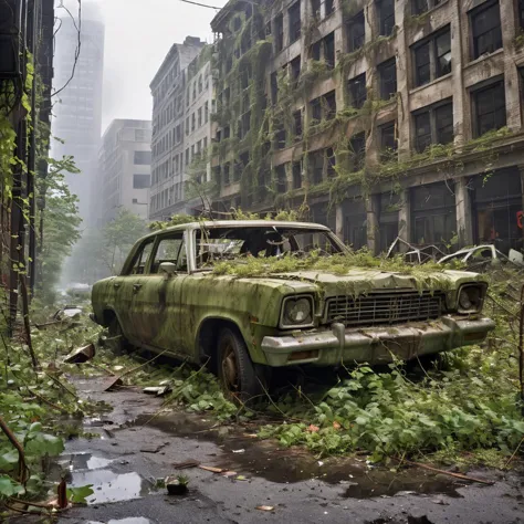 abandoned car in a city with overgrown vegetation and buildings