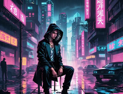 (DIONE), nighttime, cyberpunk city, dark, raining, neon lights ((,Wearing a blazer over a hoodie)), blazer, hoodie, (<lora:PostA...