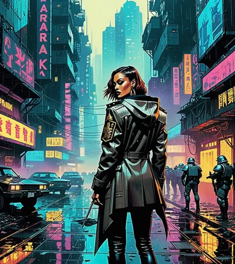 (Tyra Banks,a girl with a beautiful face), nighttime, cyberpunk city, dark, raining, neon lights, ((Wearing a blazer over a hood...