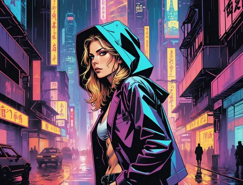 (Erin Moriarty), nighttime, cyberpunk city, dark, raining, neon lights ((,Wearing a blazer over a hoodie)), blazer, hoodie, (<lo...