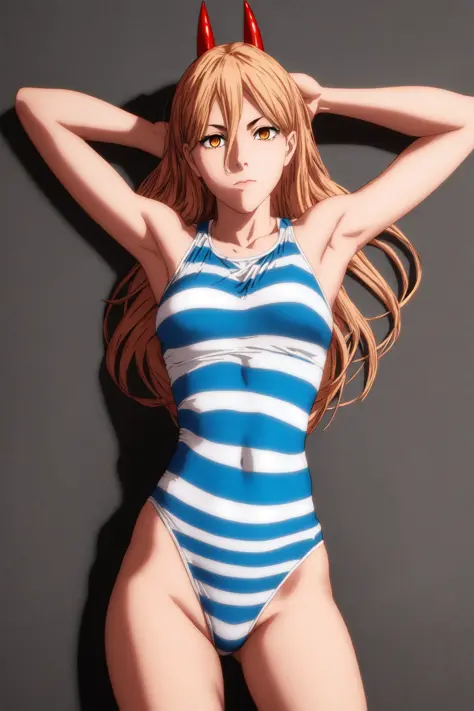 powa, outstretched arms, from above, leotard, striped, toned, long hair,