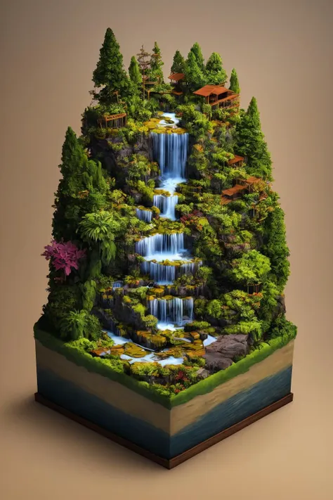 a waterfall in a book with trees and bushes on top