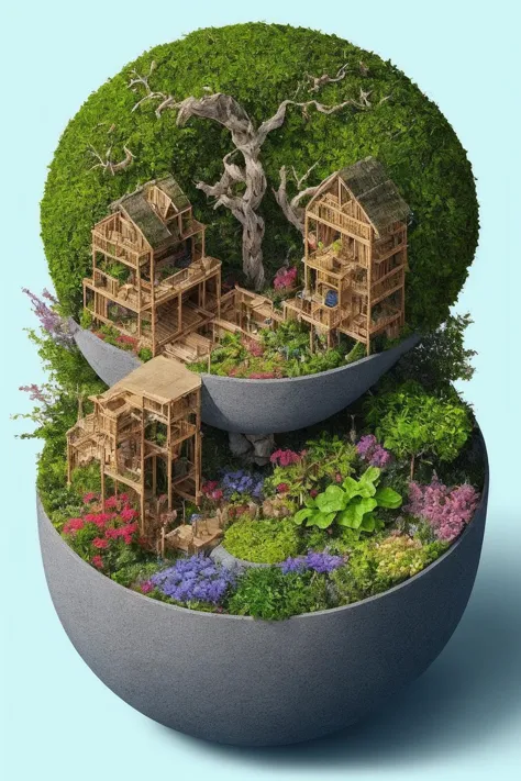 DUSKAMETRIC15,MICROWORLD, isometric view, botanical garden, gardeners, soil, growing plants, , gardening, vines, vineyard, waterfalls, flower pots, flower stations, gardeners, water pail, artstation, 8k, octane render, vibrant colors, trending on deviantart