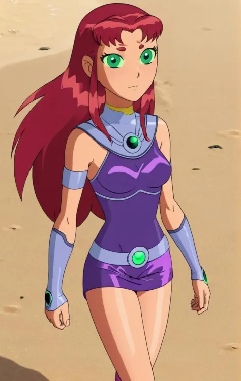 ohxw, star12, red hair, green eyes, purple outfit, full body, blushing, walking up from a beach, <lora:1star-000004:0.9> 4k, highly detailed, lighting, outside, cartoon, 2d, sharp,