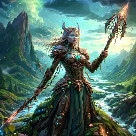 giant goddess of earth,1girl, solo, blue eyes, outdoors, sky, cloud, water, armor, glowing, colored skin, cloudy sky, staff, glowing eyes, rock, mountain, blue skin <lora:3D_Inspired:0.8> <lora:add_detail_xl:0.8> <lora:LORA_XenoDetailer_v3:1> <lora:more_details:0.8> <lora:ral-mytfrst-sdxl:0.8> ral-mytfrst <lora:xenographSFWNSFW_v1:0.8> <lora:wrenchsfantasy:0.8> wrenchsfantasy, fantasy, glowing, glowing eyes