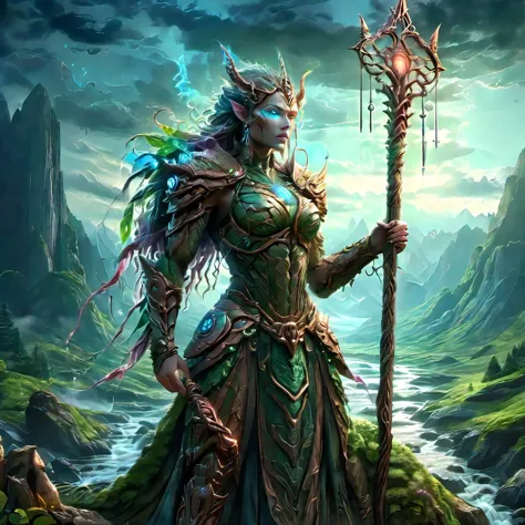 giant goddess of earth,1girl, solo, blue eyes, outdoors, sky, cloud, water, armor, glowing, colored skin, cloudy sky, staff, glowing eyes, rock, mountain, blue skin <lora:3D_Inspired:0.8> <lora:add_detail_xl:0.8> <lora:LORA_XenoDetailer_v3:1> <lora:more_details:0.8> <lora:ral-mytfrst-sdxl:0.8> ral-mytfrst <lora:xenographSFWNSFW_v1:0.8> <lora:wrenchsfantasy:0.8> wrenchsfantasy, fantasy, glowing, glowing eyes