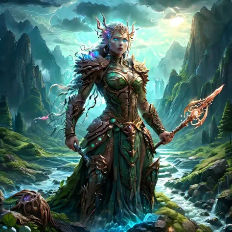 giant goddess of earth,1girl, solo, blue eyes, outdoors, sky, cloud, water, armor, glowing, colored skin, cloudy sky, staff, glowing eyes, rock, mountain, blue skin <lora:3D_Inspired:0.8> <lora:add_detail_xl:0.8> <lora:LORA_XenoDetailer_v3:1> <lora:more_details:0.8> <lora:ral-mytfrst-sdxl:0.8> ral-mytfrst <lora:xenographSFWNSFW_v1:0.8> <lora:wrenchsfantasy:0.8> wrenchsfantasy, fantasy, glowing, glowing eyes