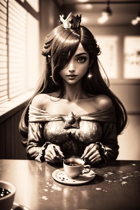 a close up of a woman in a dress holding a cup of coffee