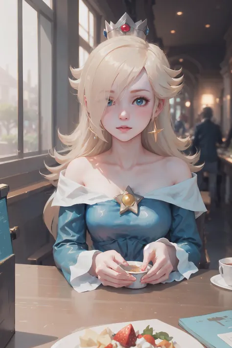 Highly detailed, High Quality, Masterpiece, beautiful, 1girl, IncrsRosalinaDef, blue dress, <lora:Rosalina:0.8>, food, simple ba...